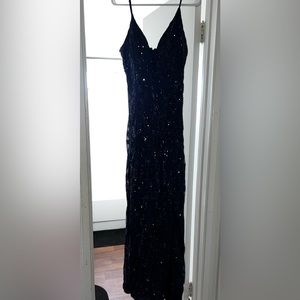 Windsor Navy blue Long Prom Dress Scroll Sequins Two slits